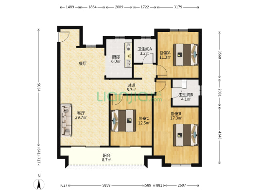 千禧城一期 3室1厅2卫 128平方