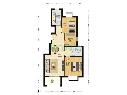 雍锦逸境府 3室1厅1卫 84平方