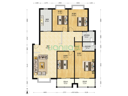 天城丽景 4室1厅2卫 165平方
