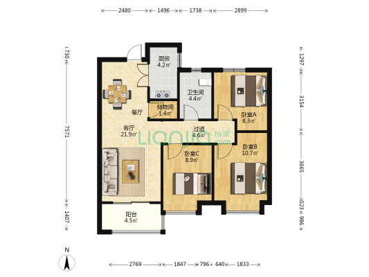 国润城西区 3室1厅1卫 92平方