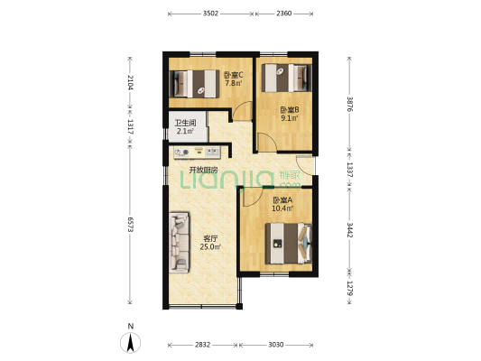 海外宿舍 3室1厅1卫 66平方