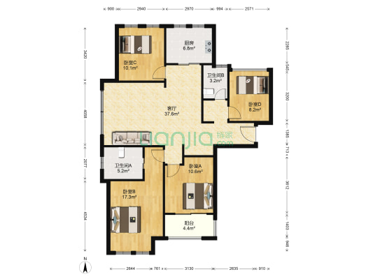 康桥溪岸花园 4室1厅2卫 122平方