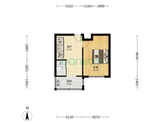 乐东小区北区 1室1厅1卫 44平方
