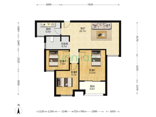 百合苑 3室1厅1卫 93平方