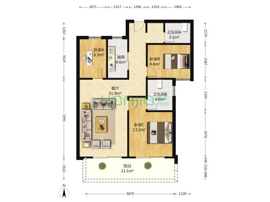 澜湾九里二期 3室1厅2卫 96平方