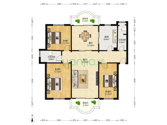 太升西街33号 3室2厅2卫 129平方