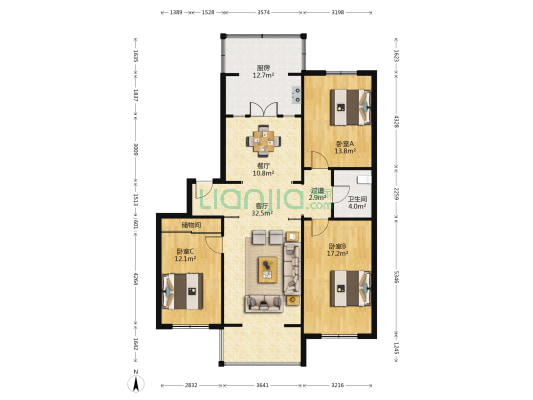富仕家园 3室2厅1卫 133平方