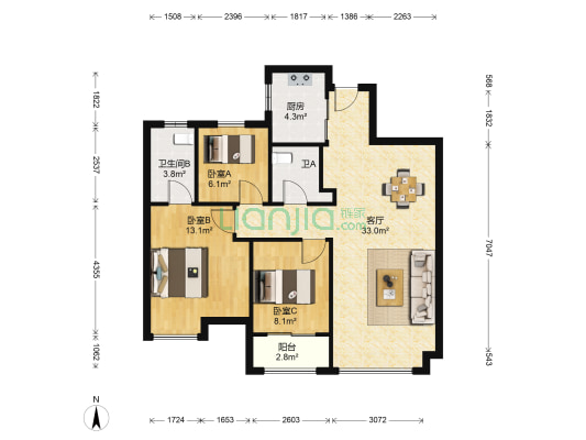 西墅绿洲 3室1厅2卫 89平方