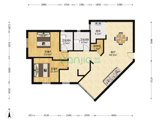 中山花园 2室1厅2卫 120平方
