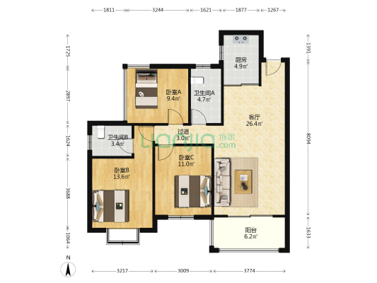 致中明睿台 3室1厅2卫 107平方