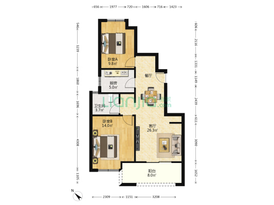 紫菁庭 2室1厅1卫 85平方