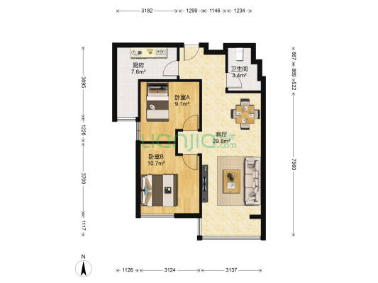 成功银玺国际 2室1厅1卫 77平方