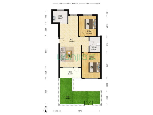 太湖国府壹号 2室1厅1卫 87平方