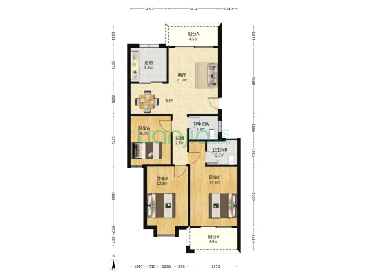 蔗洲滨江苑 3室1厅2卫 97平方