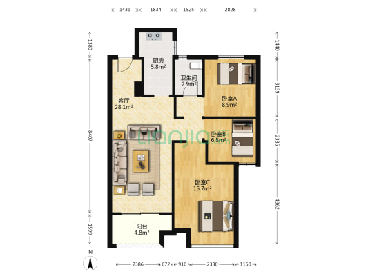正弘青云筑 3室1厅1卫 97平方