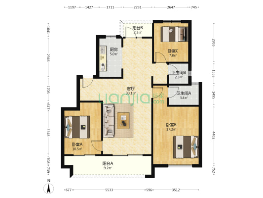 正弘悦城 3室1厅2卫 112平方