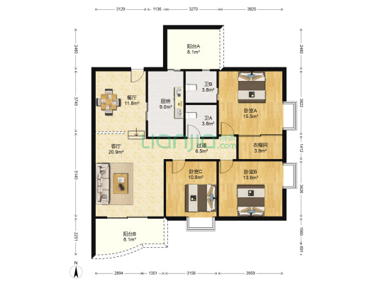 兰天龙湖苑 3室2厅2卫 135平方