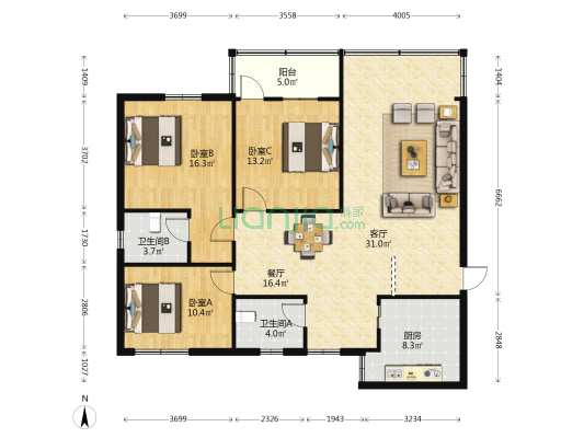 兴隆园 3室2厅2卫 125平方