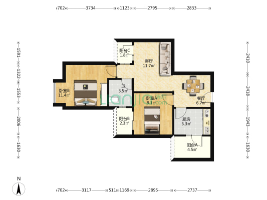 龙桥花苑2组团 2室2厅1卫 65平方