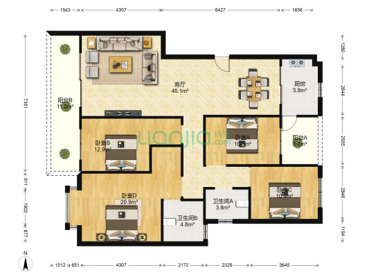 航空艺术港 4室1厅2卫 146平方