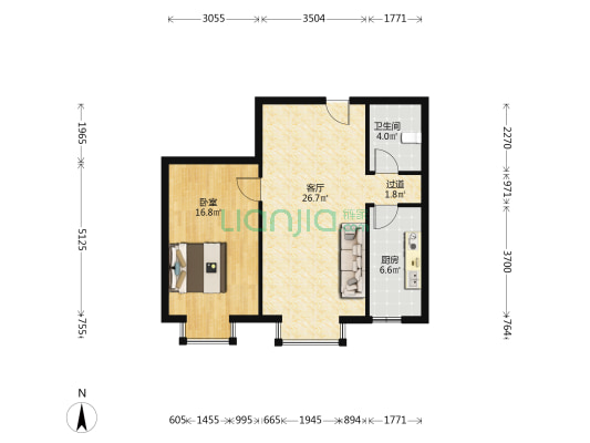 汇元尚品正规一居室，带装修，没遮挡-户型图