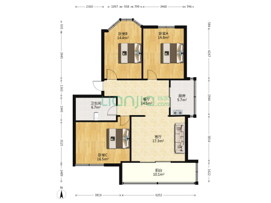 玉龍山莊 3室2厅1卫 120平方