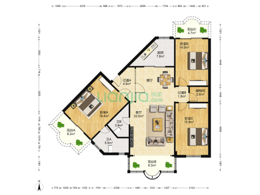 怡富花园西区 3室1厅2卫 135平方