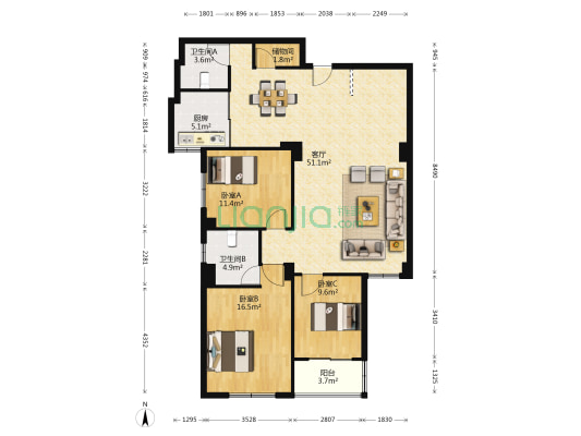 上田小区 3室1厅2卫 138平方