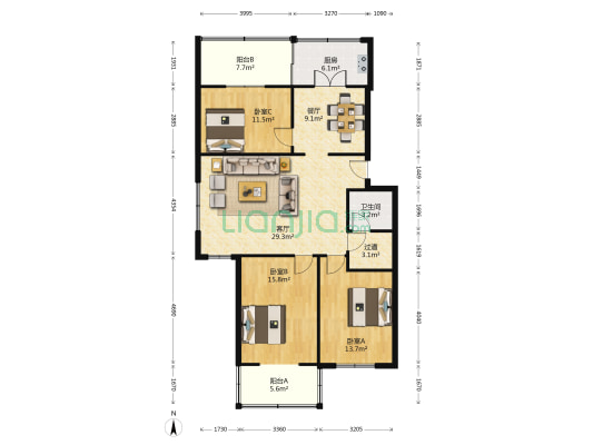 绿缘小区 3室2厅1卫 115平方