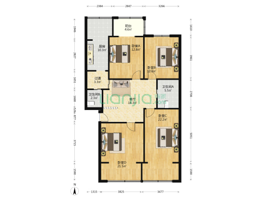 一环路北二段32号 4室1厅2卫 121平方