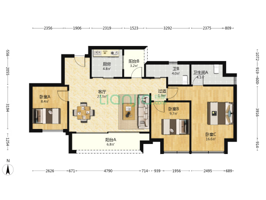 越秀悦映湖山悦风 3室1厅2卫 95平方