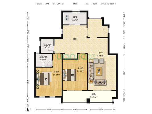 逸品汤山 2室1厅2卫 135平方