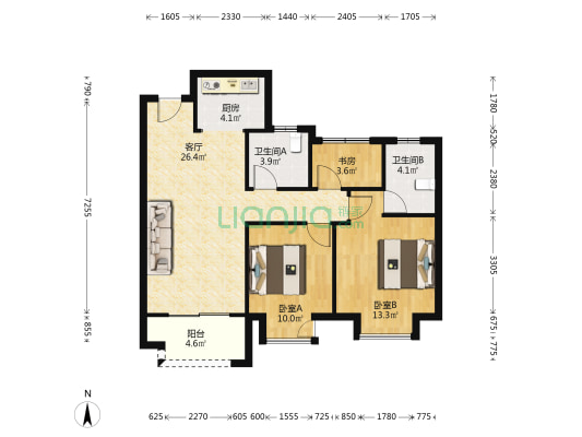 雍灏苑 3室1厅2卫 89平方