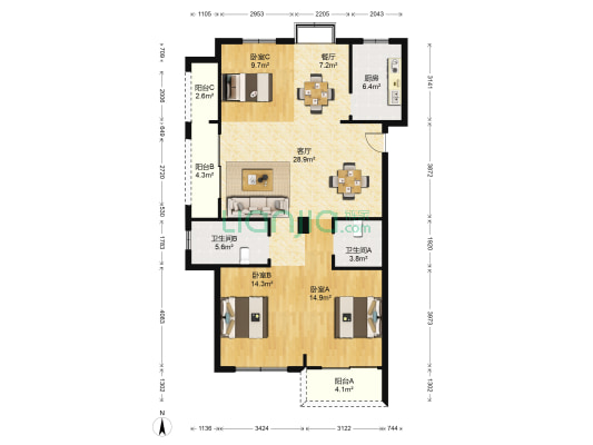 通和波士顿公寓 3室2厅2卫 126平方