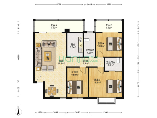 麓谷雅园 3室1厅2卫 115平方