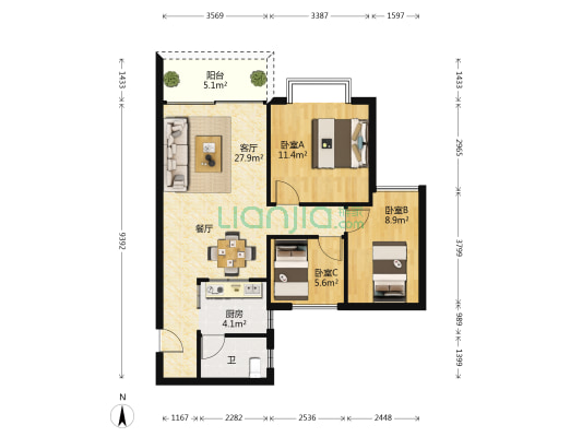 泰桦商业广场 3室1厅1卫 82平方