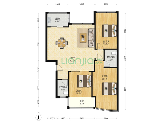 荔园楼 3室1厅2卫 106平方