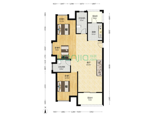 东湖ONE 3室1厅2卫 125平方