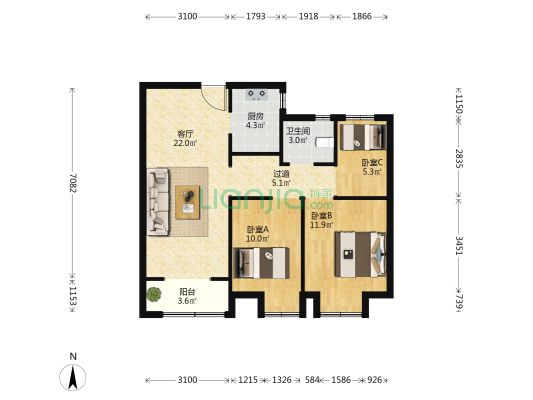 山东华府(北区) 3室1厅1卫 92平方