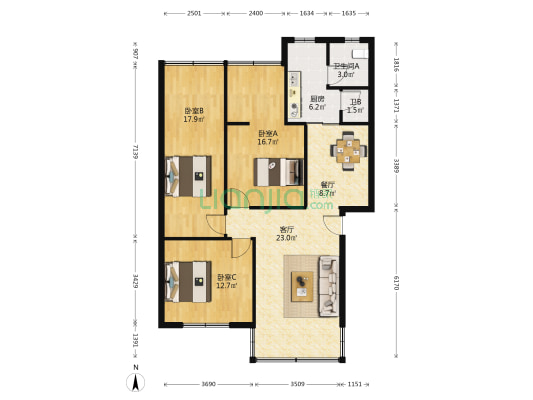刘家院 3室2厅2卫 89平方
