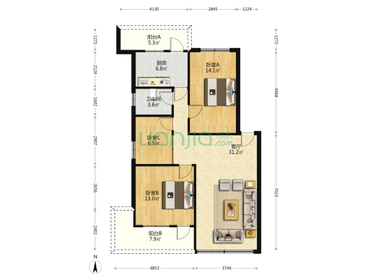 蓝宝大厦 3室1厅1卫 94平方
