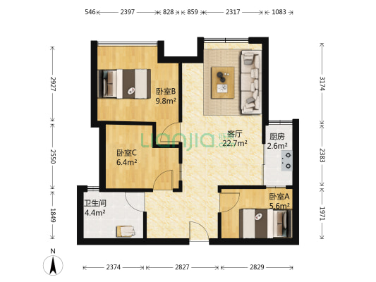 半山公馆南区 3室1厅1卫 75平方