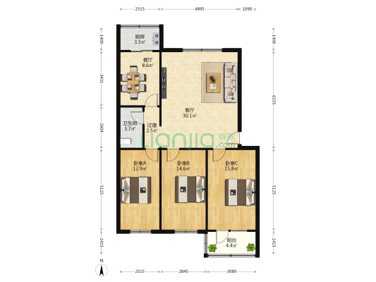 北白楼 3室2厅1卫 120平方