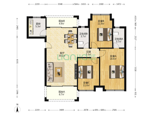 君华新城5/8区 3室1厅2卫 119平方