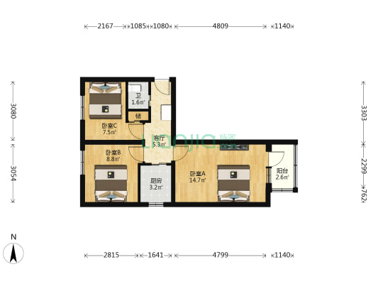 信用北里 3室1厅1卫 56平方