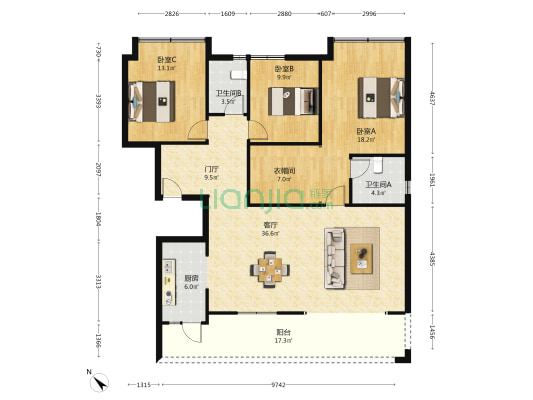 雅香园 3室1厅2卫 141平方