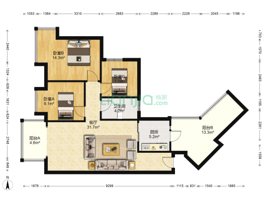 富力桃园B区 3室1厅1卫 85平方