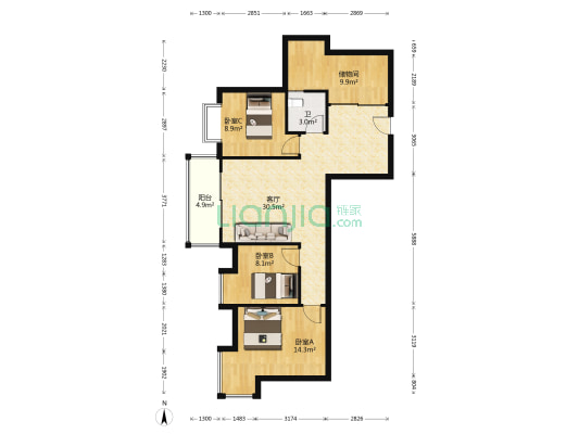 万科公园5号 3室1厅1卫 96平方