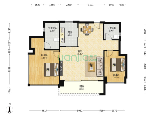 招商玺家园 2室1厅2卫 127平方