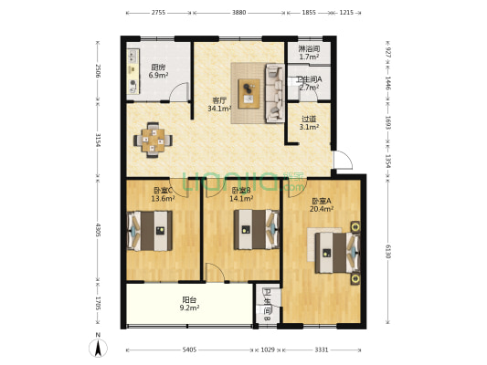 嘉年小区 3室1厅3卫 124平方